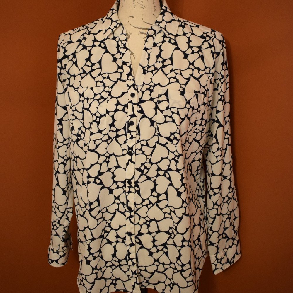 Talbots Nantucket Navy and white heart patterned shirt